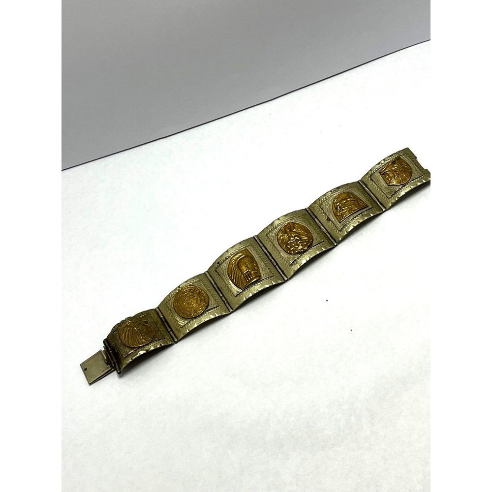 Vintage Sterling Silver Mexico Storyteller Two Tone Panel Link Bracelet